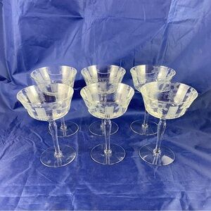 Vintage Six Etched Glass Tall Champagne Sherbet Glasses 5.75” Inches Tall READ